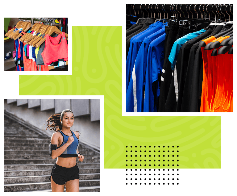 Sportswear collection and woman running outdoors.
